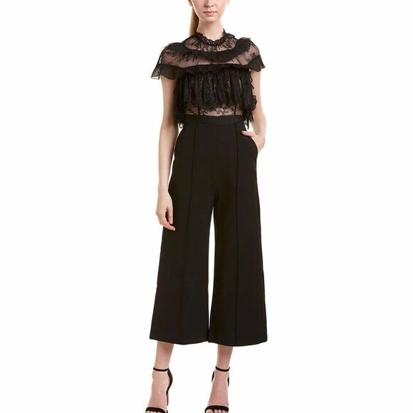 Self Portrait Fine Lace Black Cropped Wide Leg Jumpsuit. Size 2. - Picture 2 of 12